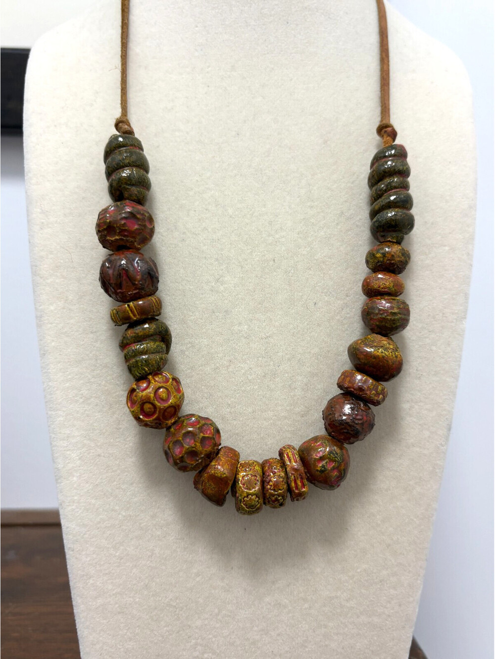 Vintage Terracotta Clay Bead Necklace on Leather Organic 24" Boho Tribal Earth